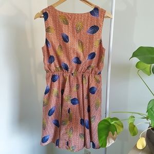 L Leaf-print dress, sleeveless flare sun dress